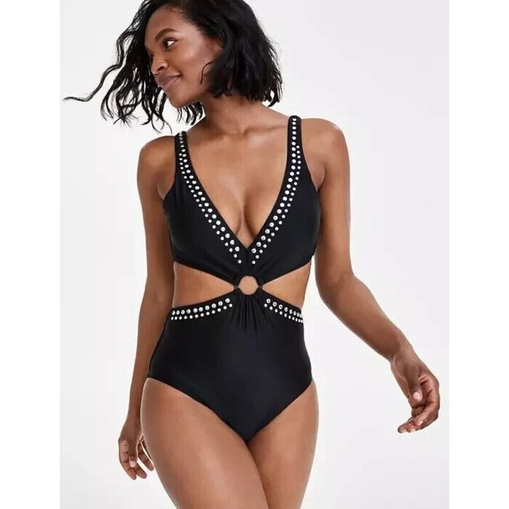 Bar III Women's Tell Me About It Studded Monokini side cut One-Piece Swimsuit L